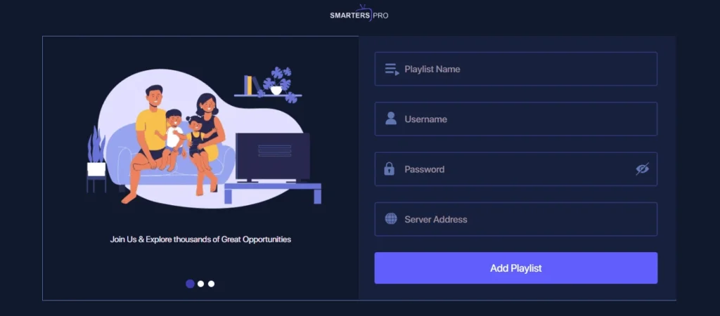 Configurer votre IPTV Abonnement sur IPTV Smarters Pro : Guide Smart TV & Firestick 2026 Interface de configuration Xtream Codes API pour un IPTV abonnement sur IPTV Smarters