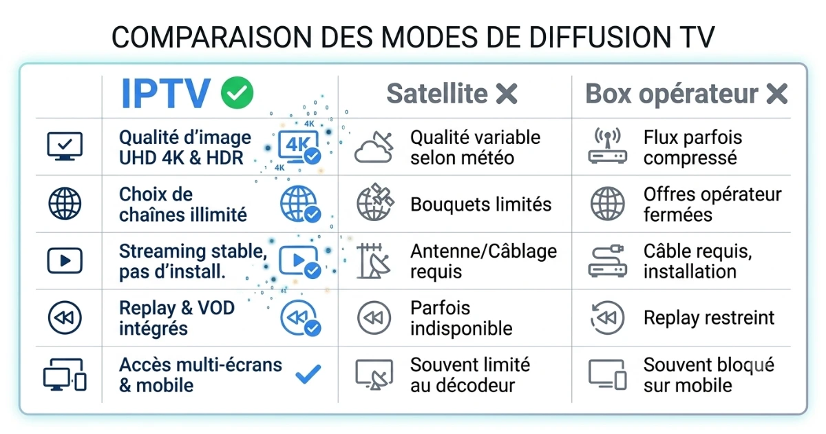 Comparatif IPTV vs satellite vs box opérateur en France 2025 — prix et chaînes