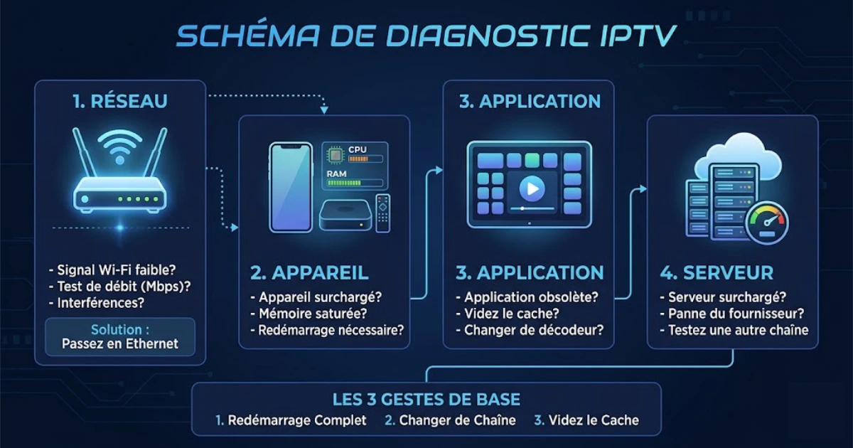 4 causes de la bufferisation IPTV : réseau, appareil, application, serveur
